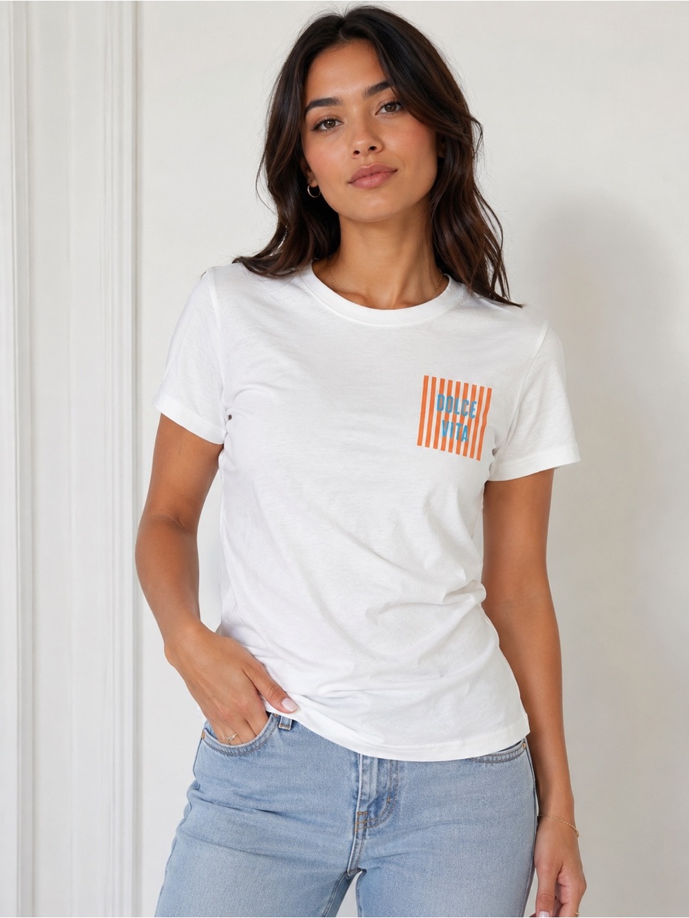 SHEIN Dolce Vita Graphic T-Shirt White Orange Blue Size S